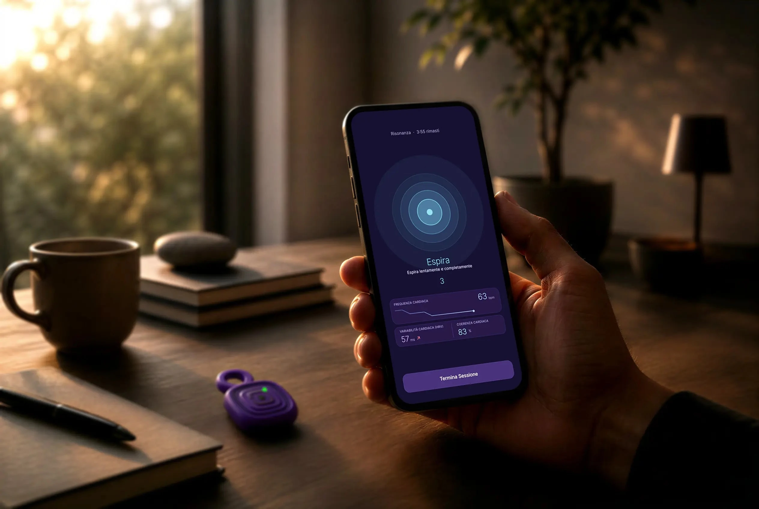 Person using the Ianumind app with the biofeedback device for a guided breathing session