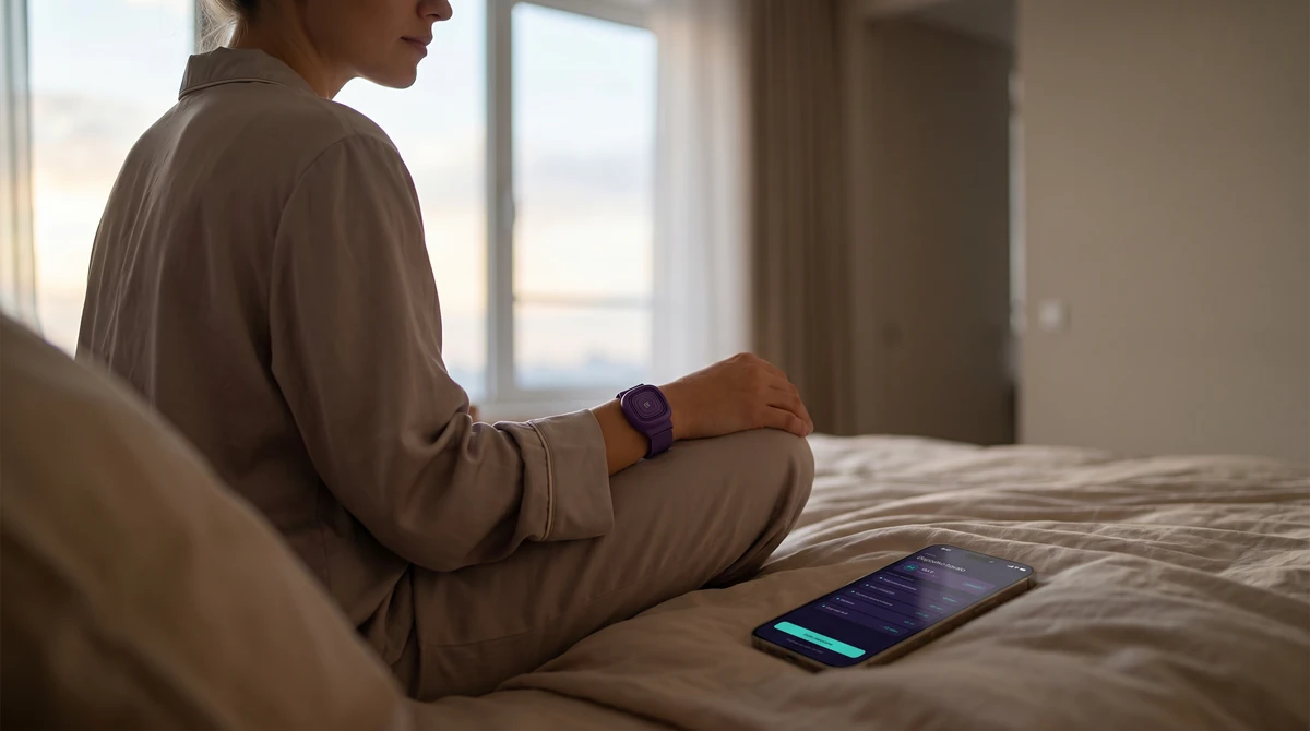 Person sitting on the bed using the QUI device and the app after waking up